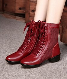 abordables -Botas de baile rojas con cordones para mujer, paneles de malla y tacón bajo, ideales para presentaciones de jazz, baile de salón y baile latino.