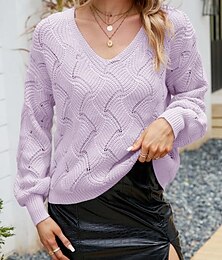 abordables -Femme Pull Chandail Elégant Mode du quotidien Couleur unie Crocheté Col V Tricoté manche longue Hauts réguliers Tricoter Travail Jaune Bleu Poudré Automne Hiver