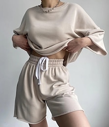 billige -Dame Shortssett Fleecebukser Langermet Helfarge Svart Beige Vår Løstsittende