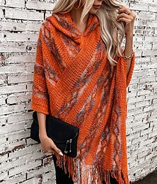 abordables -Femme Cape Décontractées Rayé Col V Capuche Franges Sans Manches Hauts longs Tricoter Formel Extérieur Sortie Marron Rouge Blanche Automne Hiver