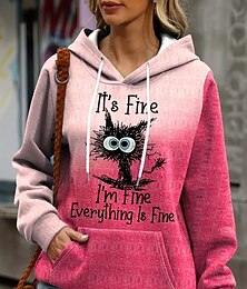 abordables -Sudadera con capucha para mujer, sudadera con capucha con estampado de gato para uso diario, informal, de manga larga, microelástica, cómoda, transpirable, de tejido suave para otoño e invierno