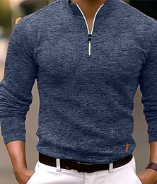baratos -Homens Camiseta Polo Polo Quarter Zip Desportos e Ar livre Casual / Diário Colarinho Clerical Quarter Zip Manga Longa Moda Básico Côr Sólida Bolsos Primavera & Outono Normal Preto Azul Marinha Azul