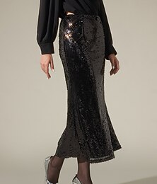 abordables -Femmes Midi Noir Jupes Printemps, Automne, Hiver, Été Paillettes Doublé Taille Moyenne Élégant ancien Fête Formel Mariage Soirée XS S M
