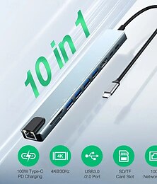 economico -Hub USB 10 in 1 con HD 4K@30Hz USB3.0 USB2.0 tipo-c 2.0 RJ45 Ethernet 100W PD ricarica slot per schede SD TF docking station