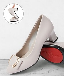preiswerte -Beige Pumps mit niedrigem Blockabsatz für Damen mit goldener Schnalle und flexibler Sohle – bequeme Schlupfschuhe fürs Büro und den Abend