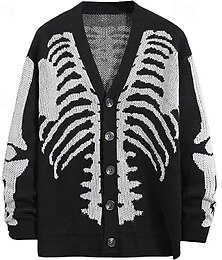 preiswerte -Herren Kurzer Pullover Strickjacke Jacquard-Pullover Strickpullover Gerippt Stricken Standard Totenkopf V Ausschnitt Modisch Klassisch Halloween Freizeitskleidung Bekleidung Herbst Winter Armee-Grün