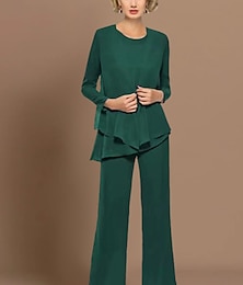 economico -Tuta/pantalone 3 pezzi madre della sposa ospiti di matrimoni elegante vintage collo a giro lunghezza caviglia in chiffon maniche lunghe avvolgenti con rouches colore solido 2025 taglia personalizzata