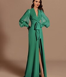 abordables -Robe de mariée de plage sirène robe de bal élégante invitée de mariage traîne balayage  brosse manches longues col en V automne invitée de mariage chiffon avec fente bretelles 2025