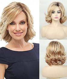 economico -parrucche corte bionde ricce per le donne parrucca ondulata castana alla moda parrucche sintetiche resistenti al calore per tutti i giorni, Halloween, festa