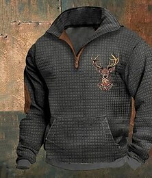 economico -felpa da caccia da uomo con cappuccio e cerniera a un quarto, manica lunga, pullover nero bianco con collo alto, stampa di renne, maglione invernale, quotidiano, per le vacanze, in poliestere, abbigliamento casual da strada, abbigliamento primaverile e au