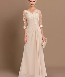 preiswerte -Strandhochzeit A-Linie Brautmutter Kleid Hochzeitsgast Elegant Plus Size Durchsichtig V-Ausschnitt Bodenlänge Chiffon Halbe Ärmel mit Applikationen Seitendrapierung individuelle Größen anpassbar