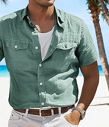 economico -Per uomo Camicia camicia di lino Camicia estiva Camicia da spiaggia Tinta unica Da mare Curise Verde Grigio chiaro Azzurro Manica corta Con colletto Primavera estate Abbigliamento Tasche