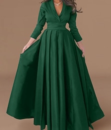 economico -Abito di Seta A-Line Abito di Natale Abito da Sera Abito Elegante Formale Abito Rosso Lunghezza fino al Pavimento Manica 3/4 Collo a V con Pieghe abito per impressionare
