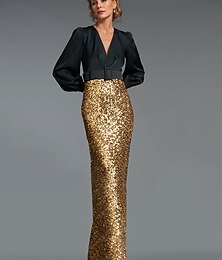 abordables -Robe de soirée élégante sirène noire et dorée à paillettes, longueur au sol, manches longues, col en V, ceinture/ceinture avec fente, 2025