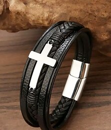 economico -bracciale da uomo in pelle nera con croce in argento – braccialetto religioso cristiano, chiusura magnetica regolabile