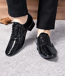 お買い得  -光沢のある仕上げの男性用ブラッククロコダイル柄レースアップダンスシューズ。社交ダンスやラテンダンスのパフォーマンスに最適です。