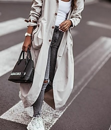halpa -Naisten Trenssitakki Työ Katu Syksy Talvi Pitkä Takki Loose Fit Aikaisempi Tyylikäs Vapaa-aika Jackets Pitkähihainen Yhtenäinen väri Taskut Musta Apila Harmaa