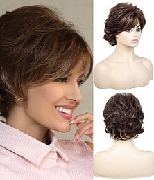 economico -parrucche corte marroni per donne bianche, parrucca marrone con frangia, parrucche corte e ricce pixie cut, affascinanti parrucche sintetiche ondulate a strati per vecchie signore