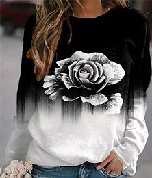 abordables -Sudadera de mujer con estampado de rosas para uso diario, informal, cuello redondo, manga larga, microelástica, otoño e invierno, cómoda, transpirable, tejido suave
