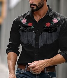 economico -Per uomo Floreale Camicia occidentale Camicia con bottoni Camicia da cowboy Manica lunga Vintage Occidentale Da giorno Primavera Autunno Inverno Collo ripiegabile Camicie con colletto Stampa 3D Nero