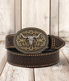 economico -cintura da uomo in finta pelle western con motivo floreale inciso e fibbia a forma di teschio di toro – cintura da cowboy in stile vintage per rodeo e abbigliamento casual