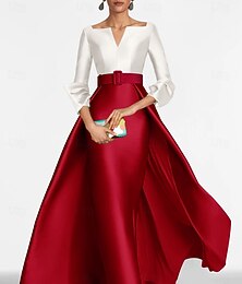 abordables -Robe de soirée fourreau rouge Élégante Robe formelle Longueur sol Manche 3/4 Col en V Ceinture  Sangle Satin avec fente