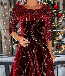 abordables -robe de vacances pour femme manches trois-quarts paillettes ornées coupe ajustée et évasée longueur genou soirée rouge or scintillant confort extensible vêtements d'hiver