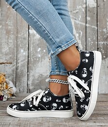 levne -dámské šněrovací tenisky s potiskem lebky – gotické ležérní nízké boty s bílou podrážkou, ideální pro halloween a každodenní street style