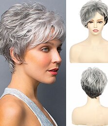 economico -parrucche grigie corte per donne bianche parrucche grigie con taglio pixie con frangia parrucche sintetiche con capelli ricci naturali parrucche corte a strati per donne