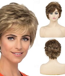 economico -parrucche pixie ricci marroni per donne bianche capelli bianchi corti e soffici con frangia parrucca sintetica naturale resistente al calore