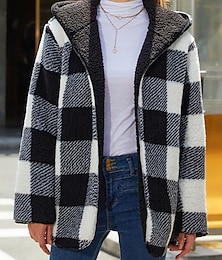abordables -Mujer Chaqueta de lana Abrigo de peluche Chaqueta con capucha Mantiene abrigado Transpirable Bolsillo Forrado con Lana Casual Plaid Vacaciones Calle Ropa Cotidiana Noche Frente Abierto Regular