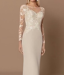 levne -Ručně šitý svatební šaty pro matku nevěsty Svatební Host Elegantní Průsvitný Jewel Krk Délka Podlahy Chiffon Krajka Dlouhý Rukáv s Aplikacemi individuální velikost