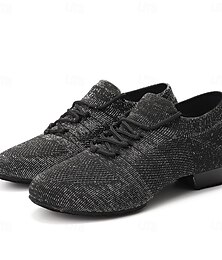 ieftine -pantofi de dans jazz de damă, din tricot negru cu sclipici, cu design cu șireturi și talpă de piele intoarsă - pantofi de performanță ușoare, respirabili, pentru dansul de sală și dansul latin