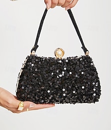 preiswerte -Schwarze Abendclutch mit Pailletten und Perlenakzent für Damen – glamouröse Handtasche für Partys, Hochzeiten und formelle Anlässe