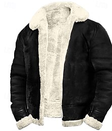 billiga -Herr Imitationsläderjacka Fleece-jacka Sherpajacka Bikerjacka Semester Dagligen Vindtät Håller värmen Ficka Fleece Höst vinter Slät Mode Klassisk Kavajslag Normal Imitationsläder Svart Vit Brun Jacka