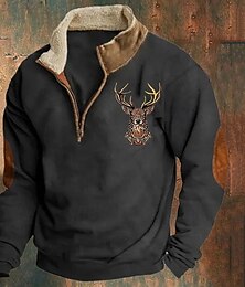 economico -felpa da caccia al cervo da uomo, pullover a maniche lunghe con cerniera a un quarto, top invernali vintage con collo alto, mezza cerniera, stampa di renne, vestibilità ampia, abbigliamento quotidiano da strada, pile sottile, abbigliamento autunnale e inv