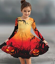 levne -předvečer Všech svatých Girls ' 3D Grafika Halloweenská dýně Šaty Dlouhý rukáv Léto Jaro Denní Dovolená Krásná Halloweenský zvyk Děti 4-12 let Volnočasové šaty Áčkové šaty Délka ke kolenům Polyester