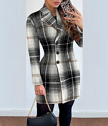 abordables -Abrigo de mujer con botones gruesos y estampado de celosía de invierno, abrigo de solapa para mujer