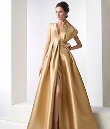 economico -abito da sera in raso a trapezio color champagne oro elegante abito da invitata a nozze autunnale carnevale formale lunghezza pavimento senza maniche scollo a V tasca con perline di strass 2025