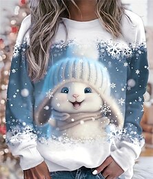 economico -Felpa Donna Maniche lunghe Inverno Coniglio con cappello Grafica Blu Fiocchi di neve Collo rotondo Casual Comfort Abbigliamento festivo Quotidiano Fit regolare