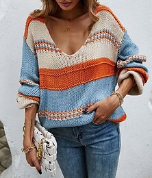 abordables -Femme Pull Chandail Décontractées Bloc de couleur V Profond Tricoté manche longue Hauts longs Tricoter Intérieur Travail Rouge Bleu Automne Hiver