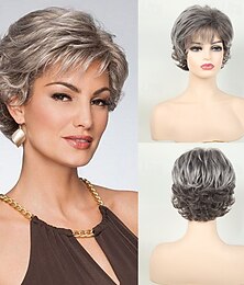 economico -parrucche pixie grigie ricce per donne bianche capelli bianchi corti e soffici con frangia parrucca sintetica naturale resistente al calore