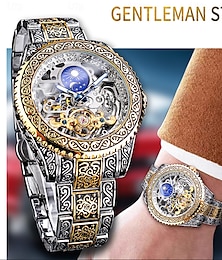 preiswerte -FORSINING Herren Mechanische Uhr, Retro Vintage Großes Zifferblatt, Skelett, Automatik, Mondphase, Leuchtend, Edelstahl