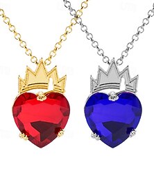 economico -collana con corona dorata a forma di cuore rosso, discendenti della regina di cuori, rubino, pietre portafortuna, ventaglio per travestimenti, gioielli, giorno di San Valentino, tesoro,