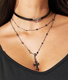 abordables -Gargantilla gótica con cruz en capas para mujer: bisutería de Halloween, diseño de cadena y cuero negro