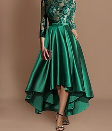 economico -Abiti da cocktail A-line abito elegante invitato matrimonio formale asimmetrico maniche 3/4 scollatura a girocollo autunno invitato matrimonio satén con pieghe applicazioni abiti