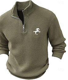abordables -Homme Cheval Pull Pull Zippé Pull Polo Col zippé Rétro Vintage Décontractées Tenue de soirée du quotidien Brodée Tricot Chaud manche longue Automne Hiver Noir Vert Véronèse Marron