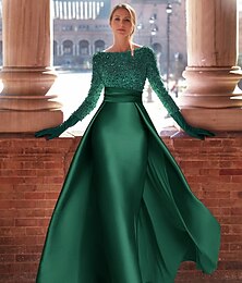 economico -abito da sera in raso verde a trapezio elegante abito da invitata a nozze autunnale formale lungo fino al pavimento manica lunga scollo gioiello con spacco glitterato 2025