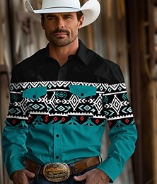 billiga -Herr Cowboy Västerländsk skjorta Knapp upp skjorta Cowboyskjorta Långärmad Vintage Västra Dagligen Helgdag Höst Vinter Vår & sommar Nedvikt Skjortor med krage 3D-utskrift Mörk marin