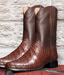 levne -pánské hnědé westernové kovbojské boty s krokodýlím potiskem z umělé kůže - vintage styl, ideální pro outdoorové i běžné nošení